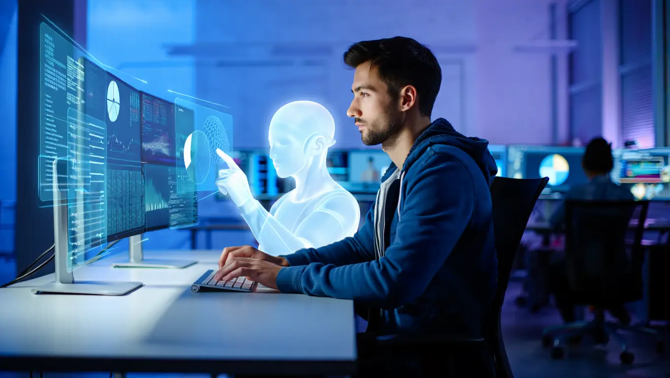 A graphic illustrating a help desk with a headset and a computer screen showing support tickets.