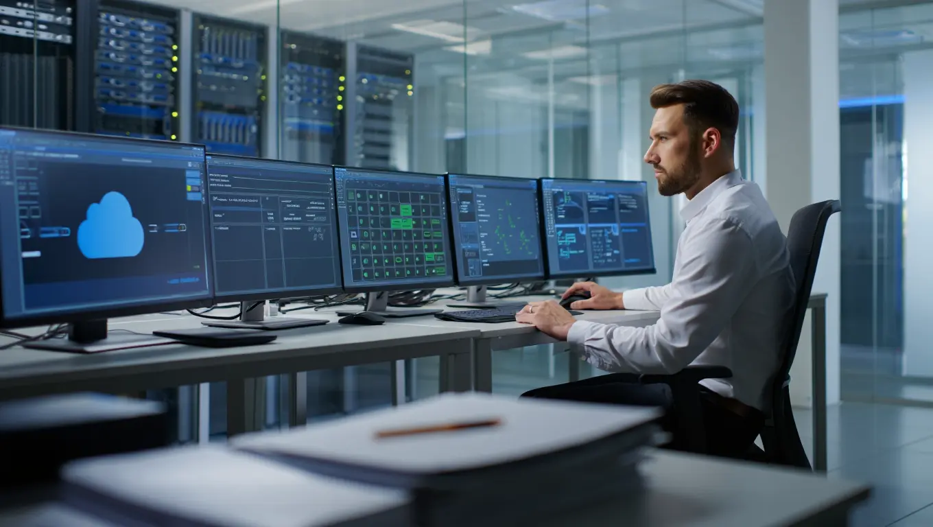 A graphic illustrating a help desk with a headset and a computer screen showing support tickets.