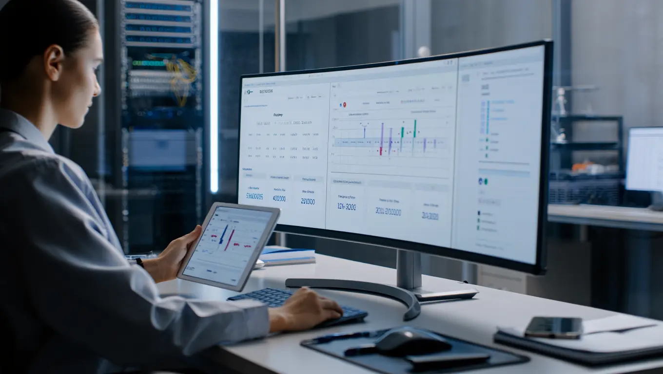 A graphic illustrating a help desk with a headset and a computer screen showing support tickets.