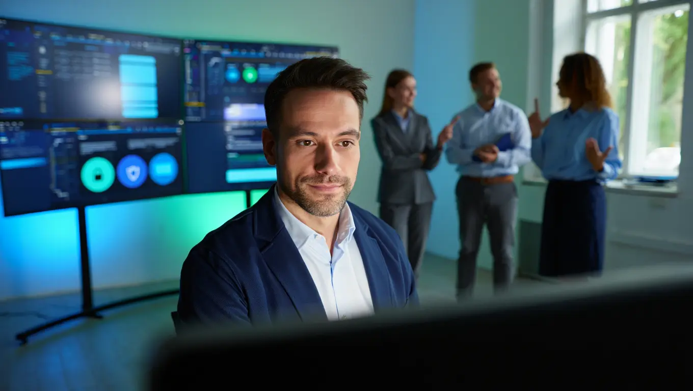 A graphic illustrating a help desk with a headset and a computer screen showing support tickets.